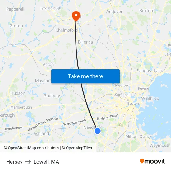 Hersey to Lowell, MA map