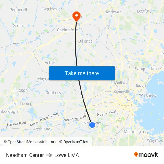 Needham Center to Lowell, MA map