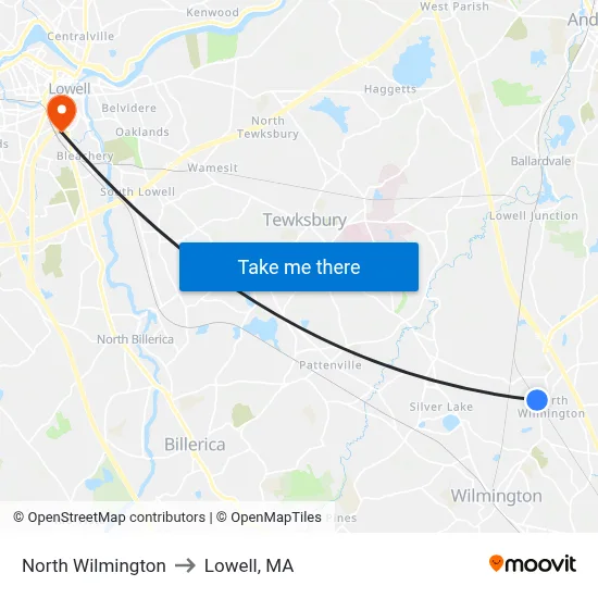 North Wilmington to Lowell, MA map