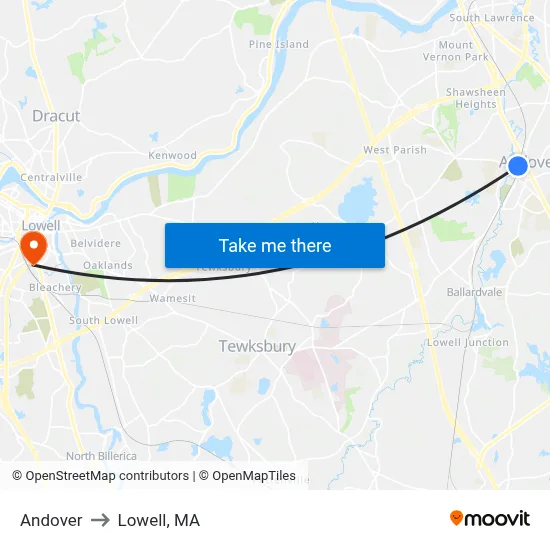 Andover to Lowell, MA map