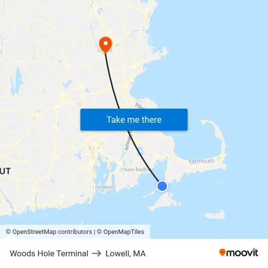 Woods Hole Terminal to Lowell, MA map