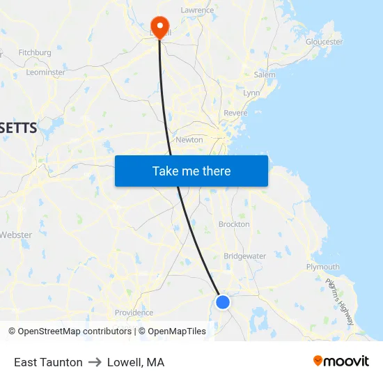 East Taunton to Lowell, MA map