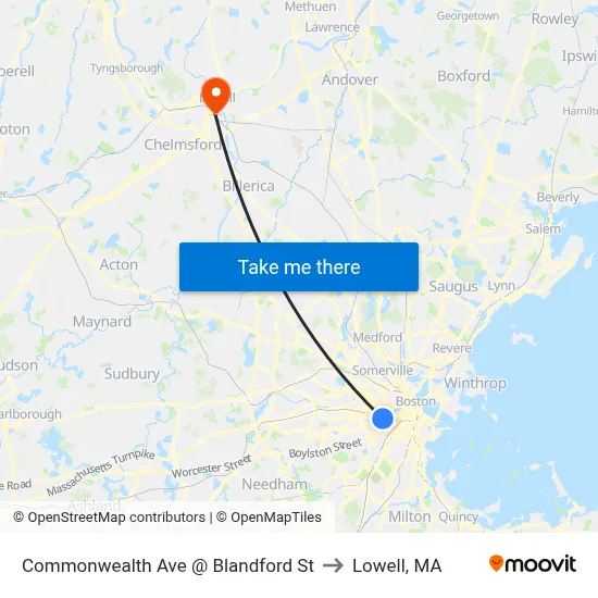 Commonwealth Ave @ Blandford St to Lowell, MA map