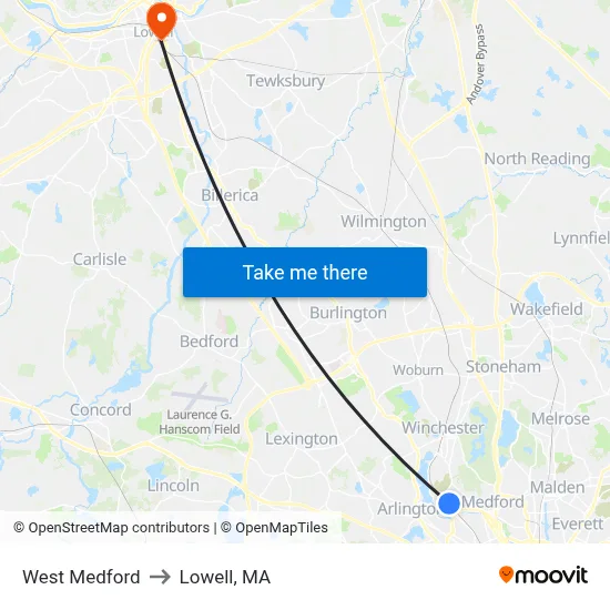 West Medford to Lowell, MA map