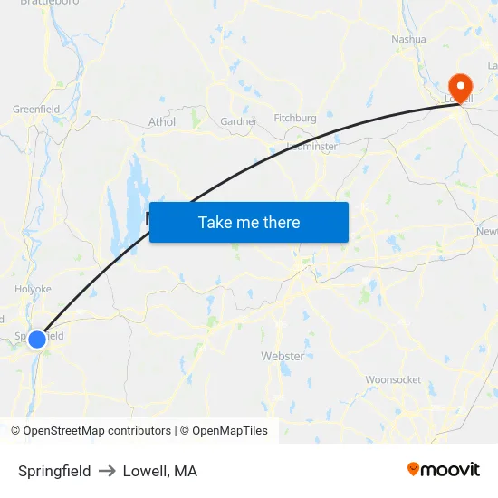 Springfield to Lowell, MA map