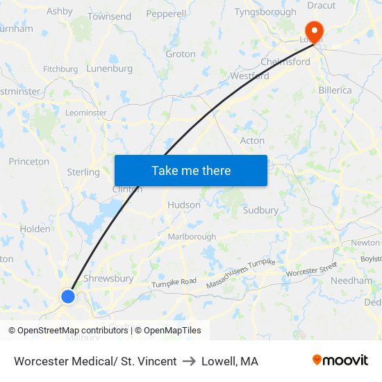 Worcester Medical/ St. Vincent to Lowell, MA map