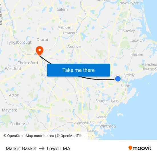 Market Basket to Lowell, MA map