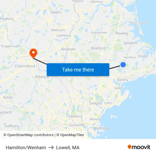 Hamilton/Wenham to Lowell, MA map