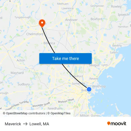 Maverick to Lowell, MA map