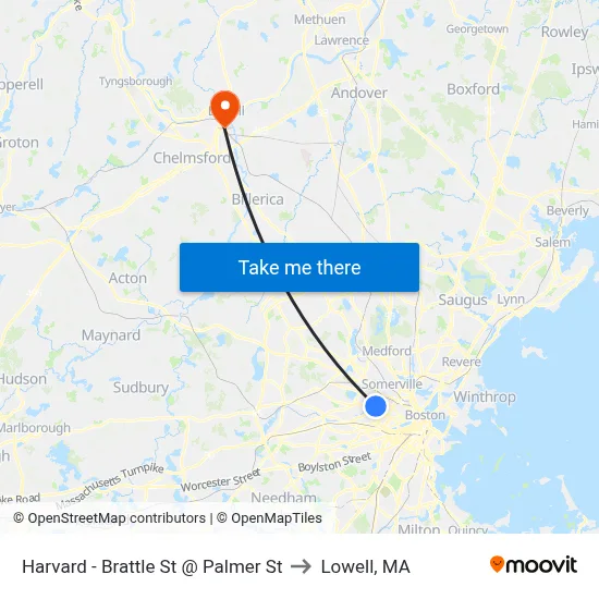 Harvard - Brattle St @ Palmer St to Lowell, MA map