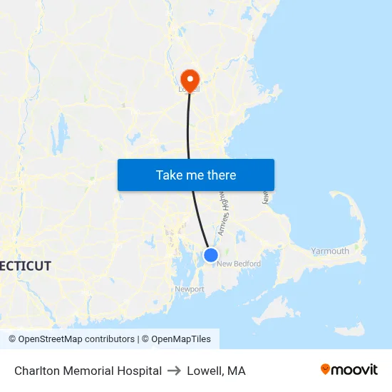 Charlton Memorial Hospital to Lowell, MA map