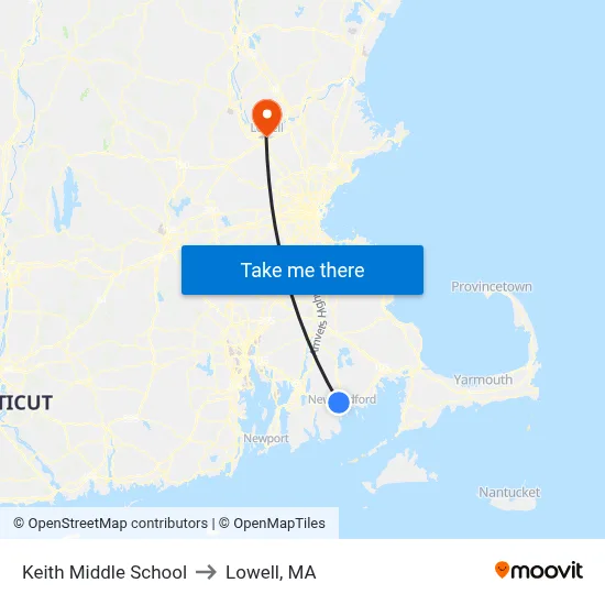 Keith Middle School to Lowell, MA map