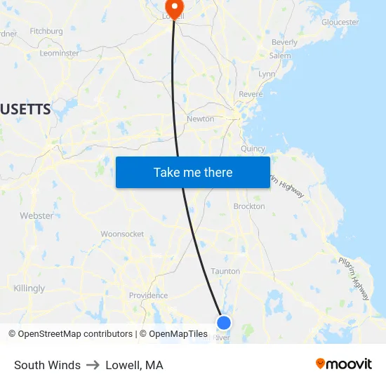 South Winds to Lowell, MA map
