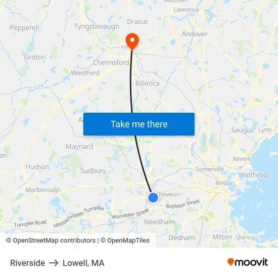 Riverside to Lowell, MA map