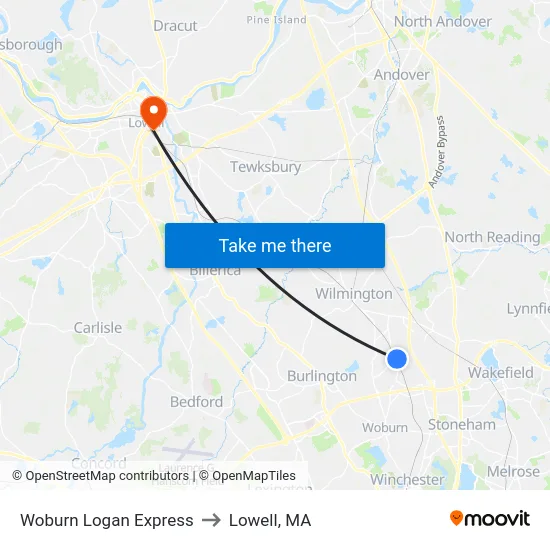 Woburn Logan Express to Lowell, MA map