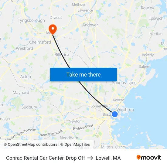 Conrac Rental Car Center, Drop Off to Lowell, MA map