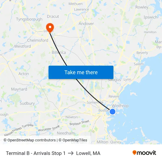 Terminal B - Arrivals Stop 1 to Lowell, MA map