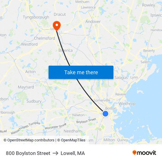 800 Boylston Street to Lowell, MA map