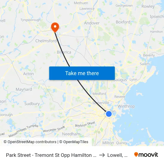 Park Street - Tremont St Opp Hamilton Pl to Lowell, MA map