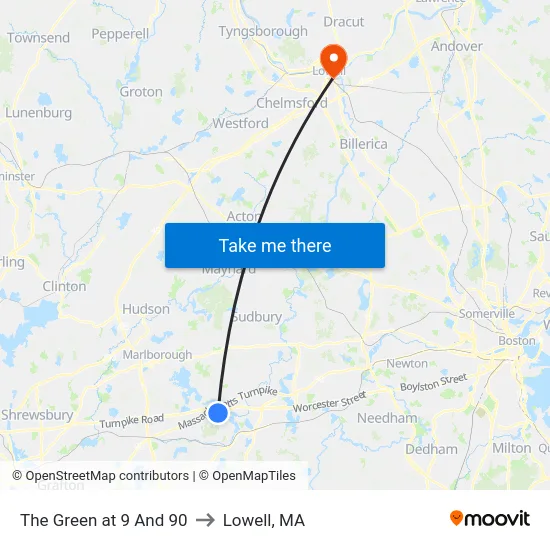 The Green at 9 And 90 to Lowell, MA map