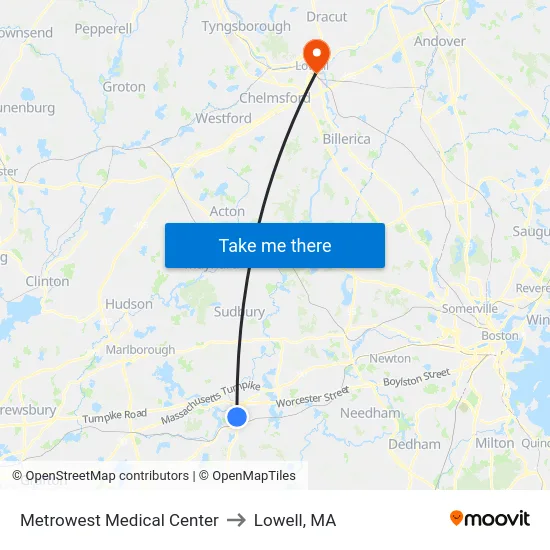 Metrowest Medical Center to Lowell, MA map