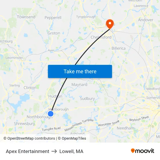 Apex Entertainment to Lowell, MA map