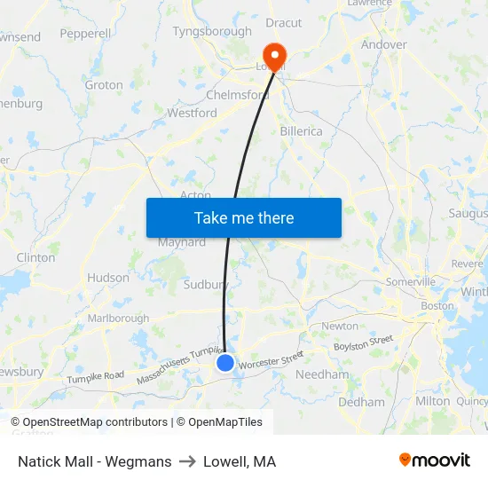 Natick Mall - Wegmans to Lowell, MA map