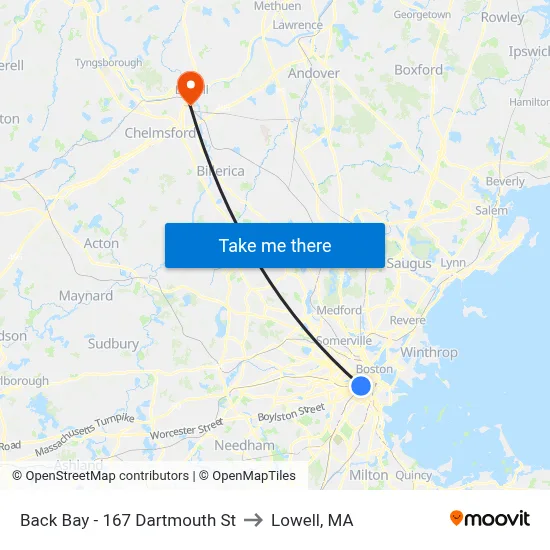 Back Bay - 167 Dartmouth St to Lowell, MA map