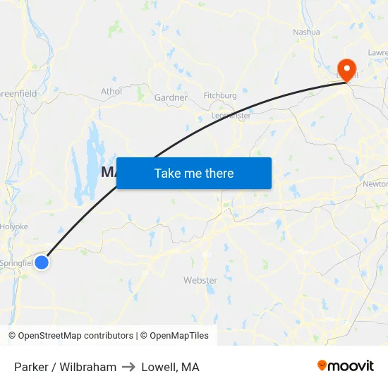 Parker / Wilbraham to Lowell, MA map