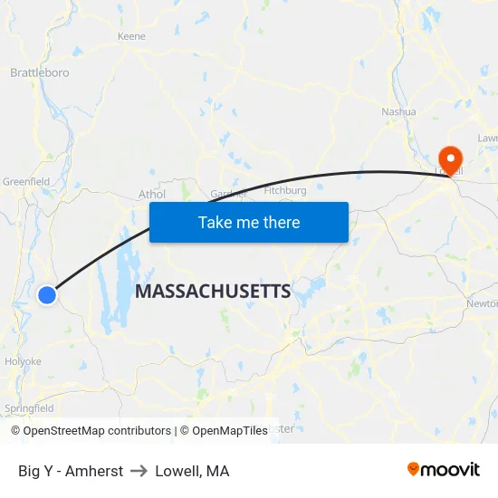 Big Y - Amherst to Lowell, MA map