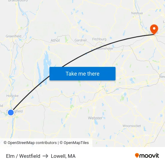 Elm / Westfield to Lowell, MA map