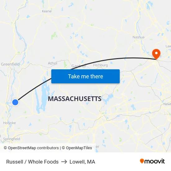 Russell / Whole Foods to Lowell, MA map