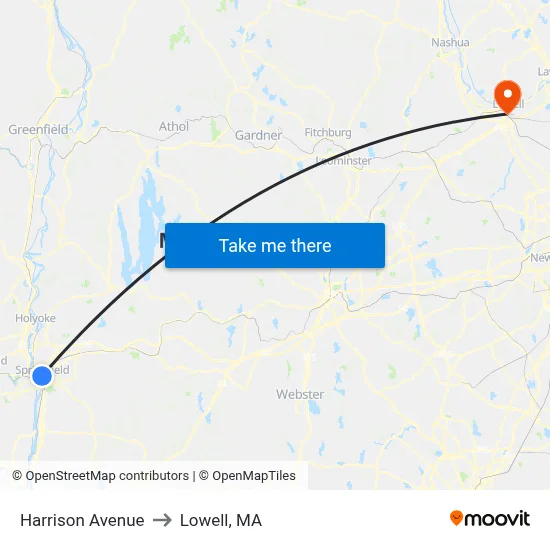 Harrison Avenue to Lowell, MA map