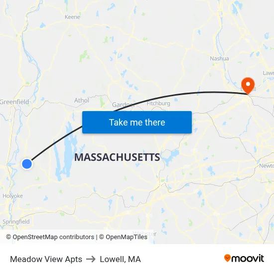 Meadow View Apts to Lowell, MA map