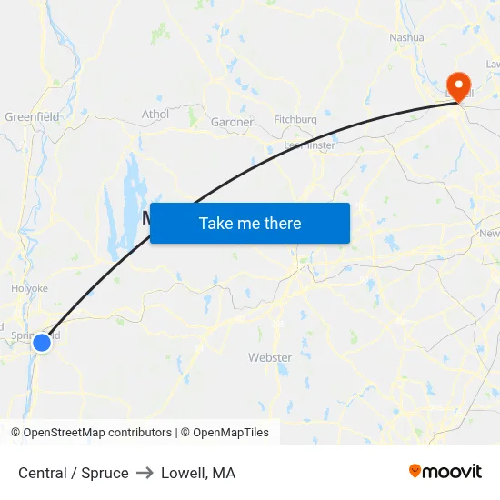 Central / Spruce to Lowell, MA map