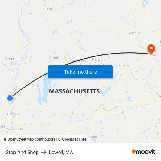 Stop And Shop to Lowell, MA map