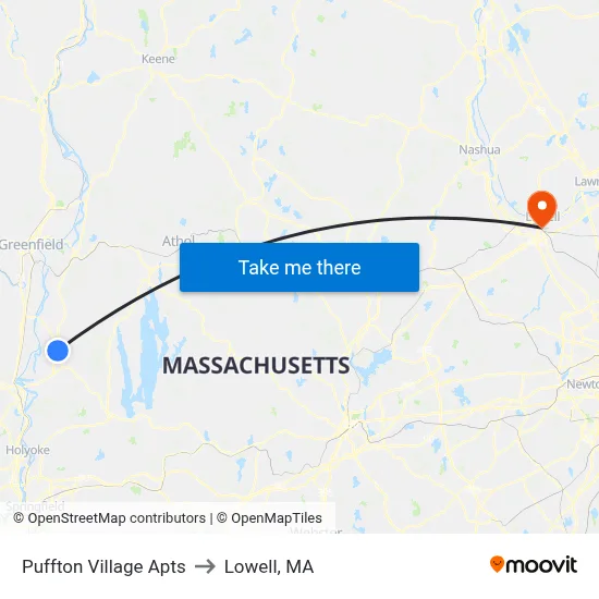 Puffton Village Apts to Lowell, MA map