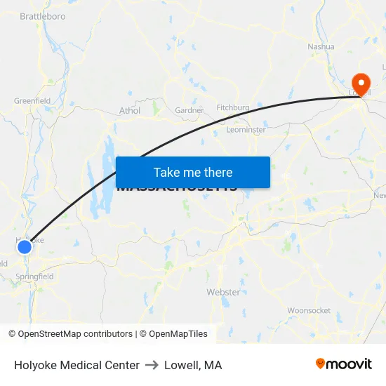 Holyoke Medical Center to Lowell, MA map