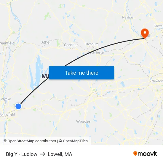 Big Y - Ludlow to Lowell, MA map