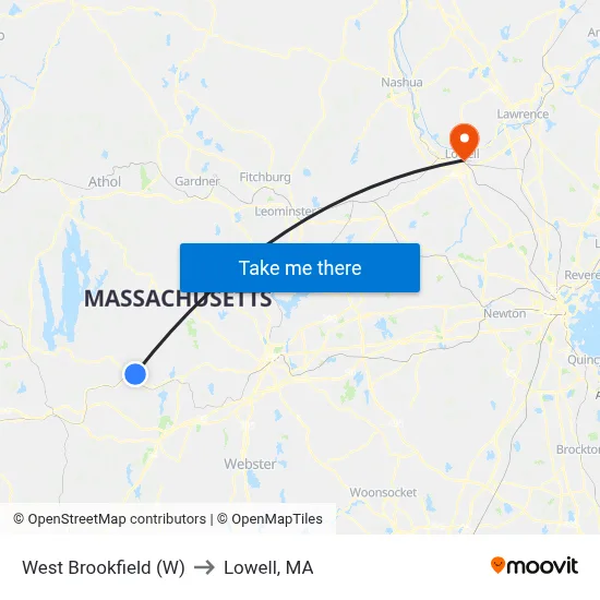 West Brookfield (W) to Lowell, MA map