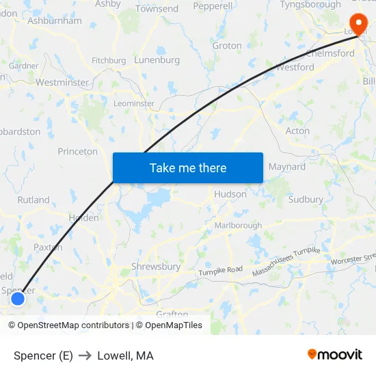 Spencer (E) to Lowell, MA map