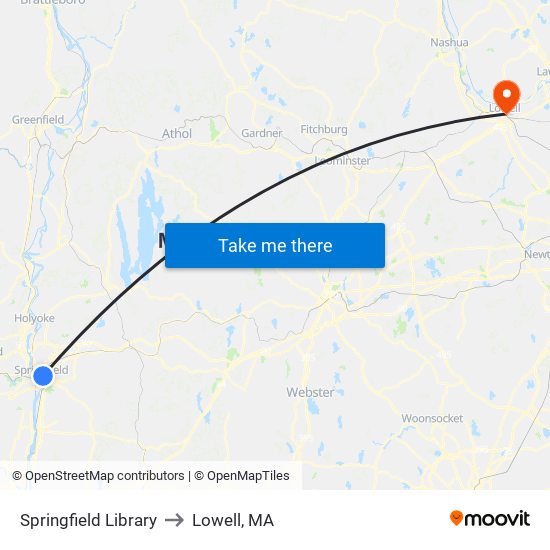 Springfield Library to Lowell, MA map