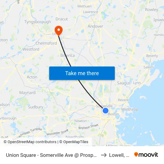 Union Square - Somerville Ave @ Prospect St to Lowell, MA map