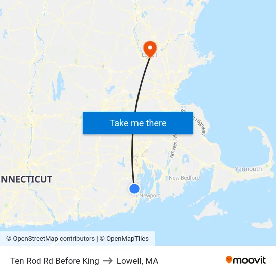 Ten Rod Rd Before King to Lowell, MA map