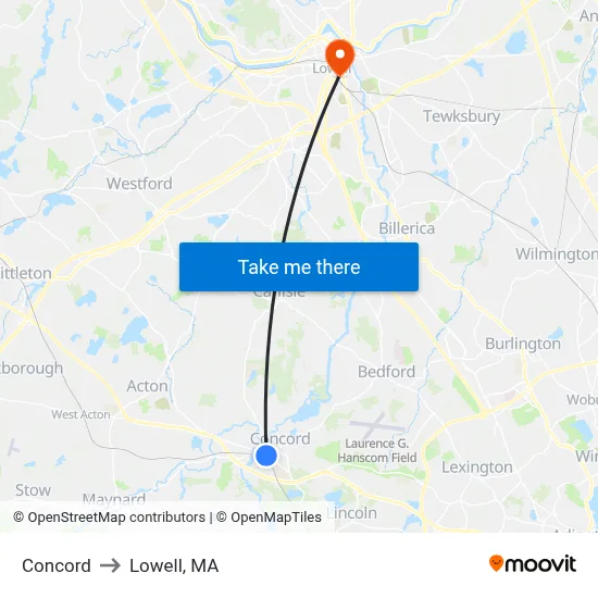 Concord to Lowell, MA map