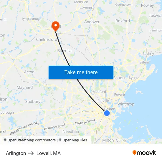 Arlington to Lowell, MA map
