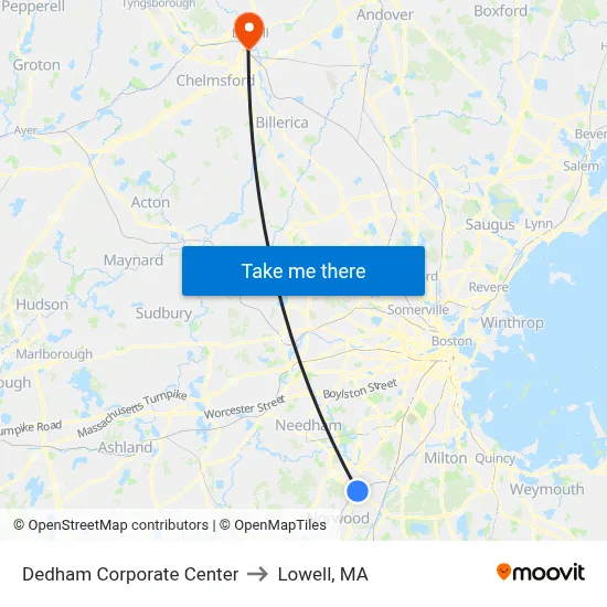 Dedham Corporate Center to Lowell, MA map