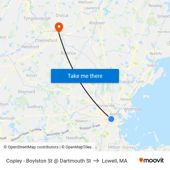 Copley - Boylston St @ Dartmouth St to Lowell, MA map