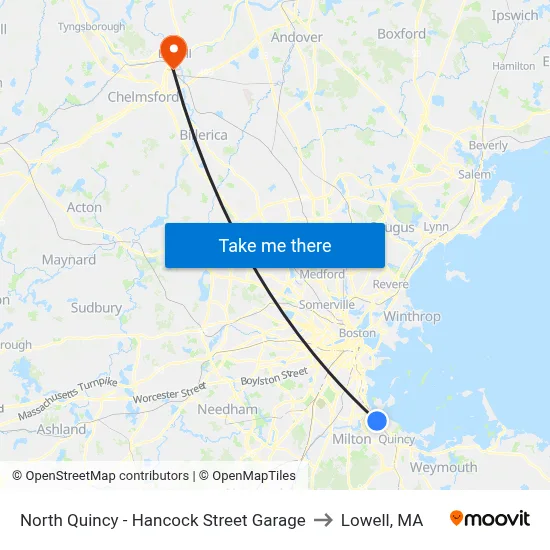 North Quincy - Hancock Street Garage to Lowell, MA map