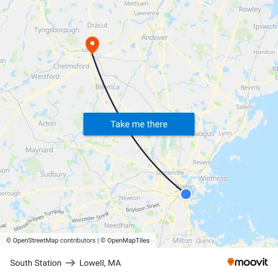 South Station to Lowell, MA map
